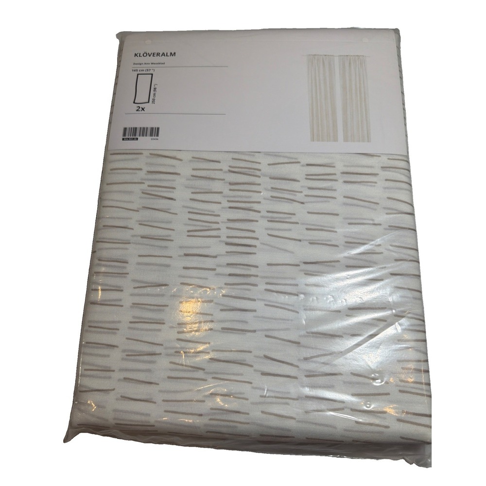 IKEA KLOVERALM Curtains Pair 57x98 White Beige Geometric 2 Panels New